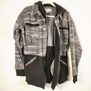 Vintage Havana Camo Colorblock Hoodie Shacket Distressed Raw Hem Womens S